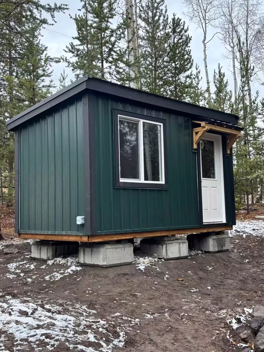 Dark green shed with a window and a white door, a timber canopy over the door, on concrete blocks