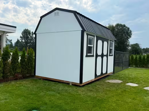 White barn-style shed with a black metal roof and black trim on a lawn
